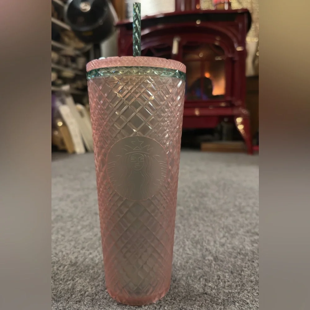 Starbucks 24oz Iridescent Pink & Green Diamond Texture Tumbler Cup Green Straw